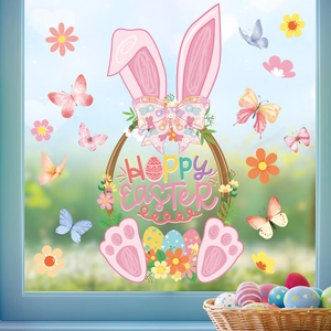Details der Happy Easter Fensterbilder mit Hasenohren und bunten Eiern für Fenster