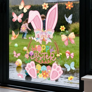 Hoppy Easter Fensteraufkleber Hase mit bunten Schmetterlingen und Blumen auf Glastür