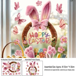 Close-up of Happy Easter window sticker with pink bunny ears wreath and floral details