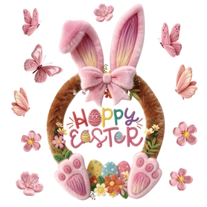 Easter bunny ears sticker with Hoppy Easter lettering, pink butterflies and floral decor