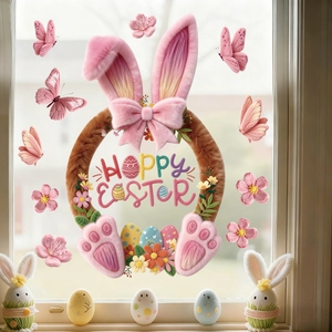 Close-up of Easter window decal with Hoppy Easter bunny wreath and pink butterflies