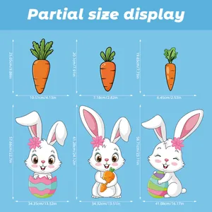 Detailed size guide for Easter bunny and carrot window clings showing exact dimensions