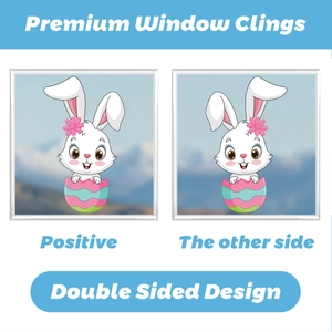 Close-up of double-sided Easter bunny window clings with premium printed design
