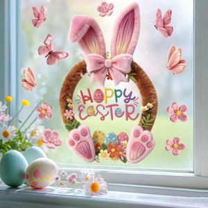 Happy Easter window clings with pink bunny wreath, butterflies and floral stickers for glass