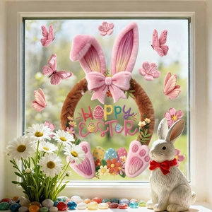 Happy Easter window stickers featuring pink butterflies and floral wreath for home decor