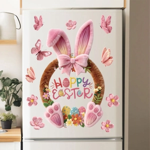 Close-up of Easter window stickers with plush pink rabbits and Happy Easter eggs on a fridge