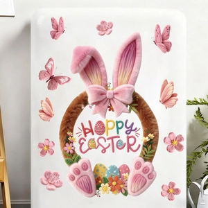Detail of 3D plush texture Easter window stickers with pink bunnies and floral motifs