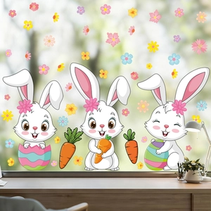 Easter window clings featuring white bunnies, colorful eggs, and spring flower decorations