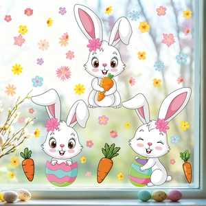 Easter bunny and colorful eggs static window stickers for festive home glass decoration