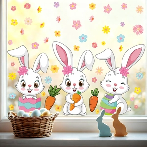 Easter bunny and colorful eggs static window stickers for festive holiday glass decoration