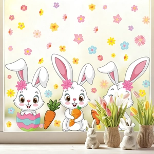 Easter bunny window decals featuring white rabbits and carrots for spring home decoration