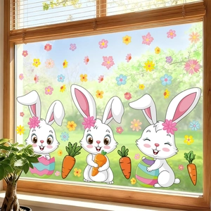 Detailed static window clings with Easter bunnies, colorful eggs and carrots decoration