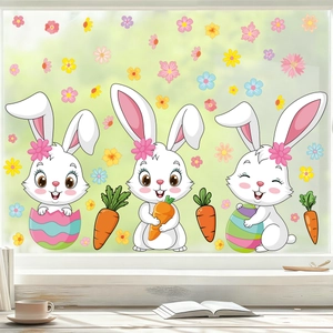 Detailed view of colorful Easter bunny and floral static window clings on glass