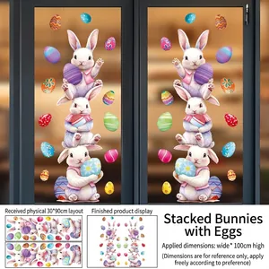 Detail of Easter window stickers showing stacked rabbits with colorful eggs and layout size