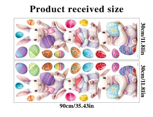 Detailed sheet layout of Easter bunny and egg window stickers showing 30x90cm dimensions