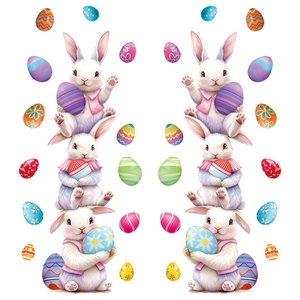 Easter window stickers with stacked bunnies and colorful eggs on a white background