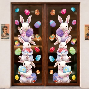 Detail of Easter static window clings featuring stacked bunnies and colorful eggs on glass doors