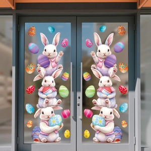 Easter Window Clings Static PVC Stickers With Stacked Bunnies And Colorful Eggs For Holiday Glass Door Party Decoration