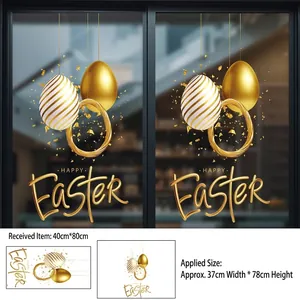 Detail of Happy Easter glass decals with gold egg designs and 40x80cm layout dimensions