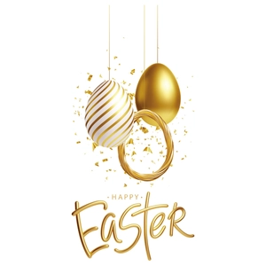 3D golden Easter egg decorations with Happy Easter text on clean white background
