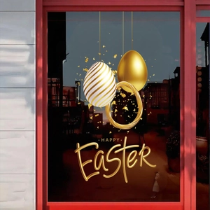 Detailed view of golden 3D Easter egg decals with Happy Easter text on glass window