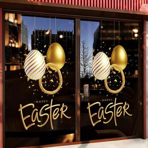 Luxurious gold Easter egg window stickers with Happy Easter text for glass decor