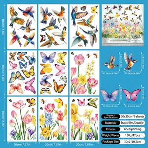 Detail of 9-sheet hummingbird butterfly window clings with double-sided color printing