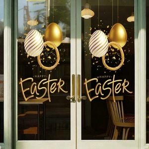 3D golden Easter egg window stickers with Happy Easter text on glass doors