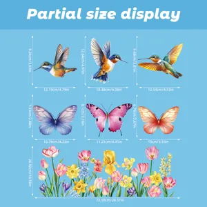 Size guide for hummingbird and butterfly window stickers with detailed dimension specs