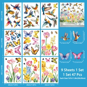 Detail set of 9 spring window clings with hummingbirds and flowers measurement overview
