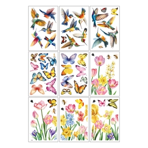 Set of 9 double-sided spring window clings with colorful hummingbirds, butterflies and flowers