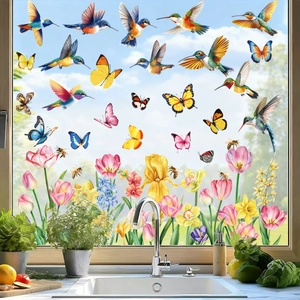 Vibrant hummingbird and floral double-sided window clings for home glass decoration