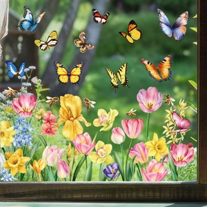 Double-sided floral window clings with colorful flowers, butterflies and bees for glass decor