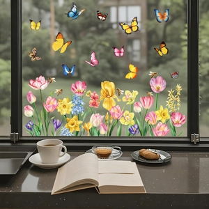 Spring window clings showing double-sided floral tulips and butterfly decals on glass