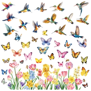 Detail showing double-sided watercolor hummingbird, butterfly and spring flower window decals