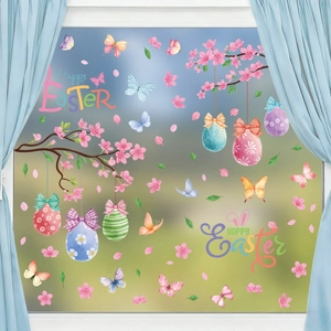 Easter static window stickers with painted eggs, pink cherry blossoms, and butterflies