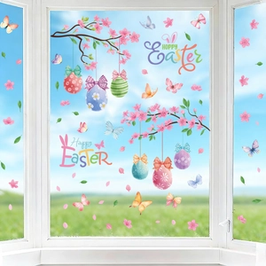 Easter window stickers with cherry branches, colorful eggs and butterflies on white background