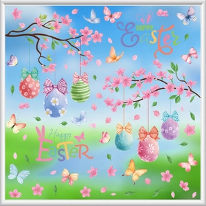 Close-up of Easter static window clings with cherry blossoms, colorful eggs, and butterflies