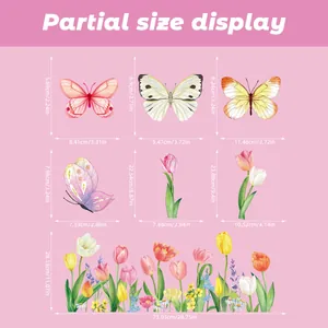 Guide des tailles des stickers papillons et tulipes avec dimensions détaillées de chaque motif