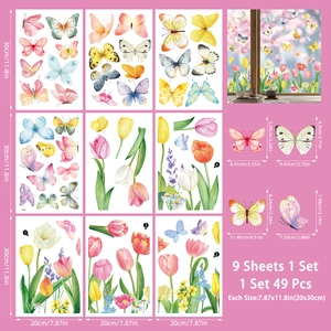 Lot de 9 stickers statiques papillons et tulipes avec dimensions et aperçu sur fenêtre