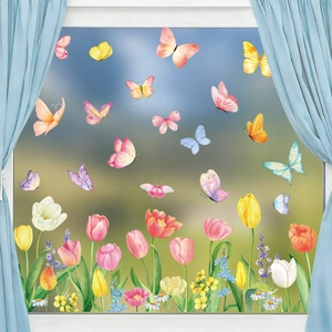 Stickers de fenêtre printemps avec papillons et tulipes, décalcomanies fleurs statiques