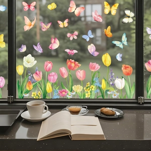 Stickers électrostatiques de printemps papillons et tulipes pour vitres
