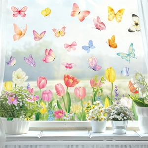Vue détaillée de papillons et tulipes électrostatiques colorés sur verre clair