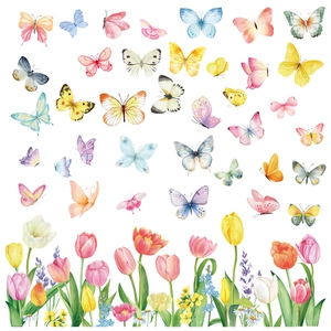 Détail d'autocollants papillons et tulipes à l'aquarelle avec motif floral coloré