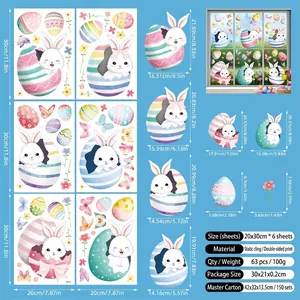 Detailed view of 6 Easter window sticker sheets with bunnies, eggs, and floral patterns