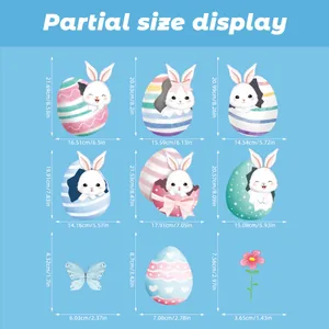 Size guide for Easter bunny and egg window stickers showing detailed height and width