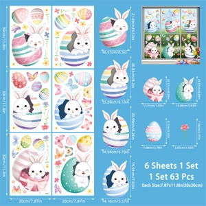 Detailed view of 6 Easter egg bunny window clings with dimensions in cm and inches