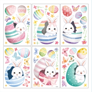 6-piece Easter window clings set with watercolor bunnies and colorful eggs on white background