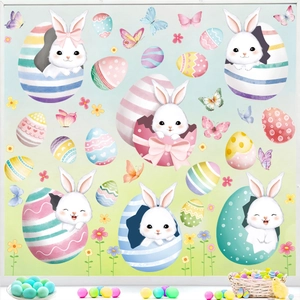 Detailed view of watercolor Easter bunnies and colorful egg window stickers decoration