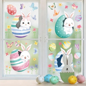 Detailed watercolor Easter window decals featuring cartoon bunnies, eggs and colorful flowers